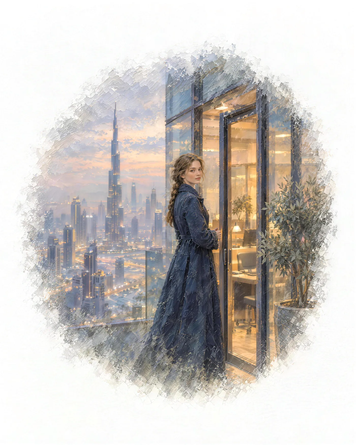 Freya stands at the glass door of a Dubai office at dusk, the Burj Khalifa behind her.